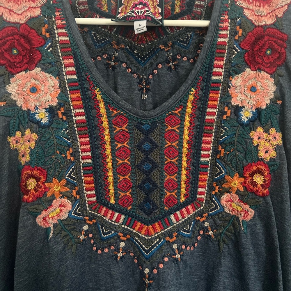 Johnny Was Blue Embroidered Boho Top - Picture 2 of 6